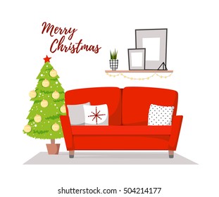 Flat vector illustration - Home christmas interior. Cozy living room with sofa, paintings and fir-tree. Stylish apartments in retro style. Xmas and happy new year