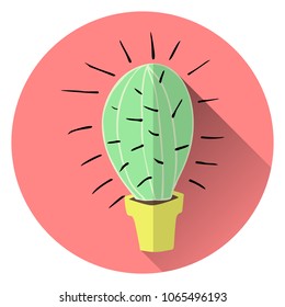 flat vector illustration of home green cactus in yellow clay pot with long transparent shadow on red background
