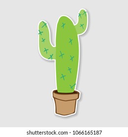 flat vector illustration of home green cactus in brown plastic pot for sticker, pin, patch, badge
