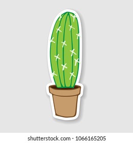 flat vector illustration of home green cactus in brown plastic pot for sticker, pin, patch, badge