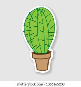 flat vector illustration of home green cactus in brown plastic pot for sticker, pin, patch, badge