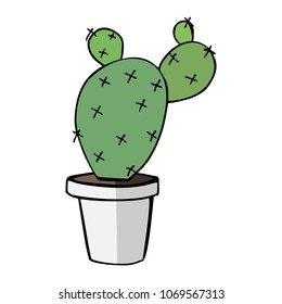 flat vector illustration of home green cactus in white plastic pot with shadow