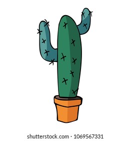 flat vector illustration of home green cactus in orange plastic pot with shadow