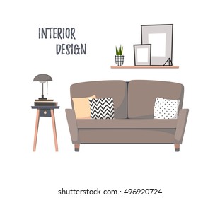 Flat vector illustration - Home interior. Cozy living room with sofa, curbstone and paintings. Stylish apartments in retro style.