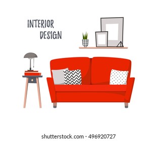 Flat vector illustration - Home interior. Cozy living room with sofa, curbstone and paintings. Stylish apartments in retro style.