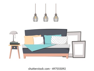 Flat vector illustration - Home interior design. Cozy bedroom with bed, pillows, curbstone and paintings. Stylish apartments in retro style.