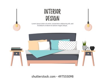 Flat vector illustration - Home interior. Cozy bedroom with bed, pillows, curbstone and paintings. Stylish apartments in retro style.