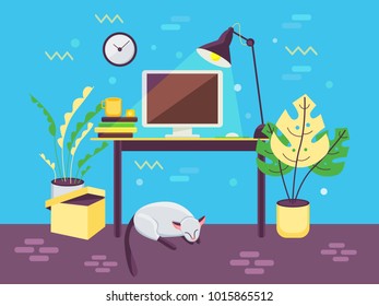 Flat vector illustration of home office. Workplace in house with cat and plants.