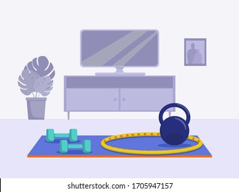 Flat vector illustration: home sports equipment. Kettlebell, dumbbell, hula hoop.