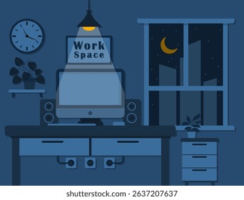 Flat Vector Illustration of Home Workspace at Night with Computer and Window View	