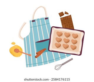 Flat vector illustration of homemade baking essentials, chocolate, cinnamon, honey and apron. Cozy pastry moments and sweet treats.