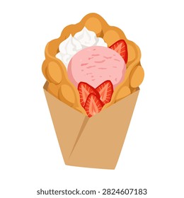 Flat vector illustration of Hong Kong bubble waffle served with fresh strawberries. Asian dessert isolated on white background.