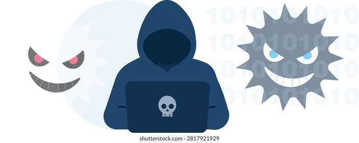 Flat vector illustration of a hooded hacker using a laptop, surrounded by an evil face, malware character, skull symbol, and binary code. Suitable for cybersecurity, cybercrime, computer virus, data protection, online threat, and technology banner designs.A high-quality professional vector illustration , designed for commercial and editorial use.