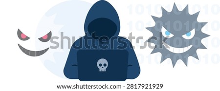 Flat vector illustration of a hooded hacker using a laptop, surrounded by an evil face, malware character, skull symbol, and binary code. Suitable for cybersecurity, cybercrime, computer virus, data protection, online threat, and technology banner designs.A high-quality professional vector illustration , designed for commercial and editorial use.