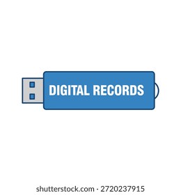 Ilustración vectorial plana de una unidad USB tipo A azul Horizontal con un conector plateado, un bucle de conexión y el texto "DIGITAL RECORDS" impreso en blanco, sobre un fondo blanco roto liso. Perfecto para almacenamiento digital, seguridad de datos y gráficos de temática tecnológica.