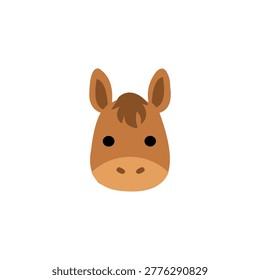 A flat vector illustration of a horse or pony head shown from a front-facing perspective. The character is rendered in a warm brown palette with a lighter tan snout and a darker brown tuft of hair (mane) on its forehead