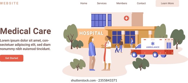 Ilustración vectorial plana del edificio del hospital y del médico hablando con el paciente aislado de fondo blanco. Concepto de atención médica. Plantilla del sitio web de servicios e instalaciones hospitalarias.