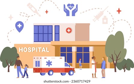 Flat vector illustration of hospital building, ambulance car, doctors, patients and medical icons. Healthcare infographic concept isolated on white background.