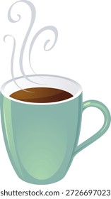A flat vector illustration of a hot beverage, likely coffee or tea, served in a light green mug with a white interior. Steam rising from the cup indicates warmth and freshness. Ideal for café menus, coffee branding, beverage icons, and cozy lifestyle designs.