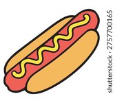 Flat vector illustration of a hot dog with mustard in a bun, simple cartoon style, isolated on a white background. Perfect for fast food concepts, menus, icons, and branding designs