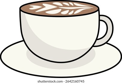 Flat vector illustration of a hot latte coffee cup with latte art. Ideal for café menu, social media posts, mobile app icons, and branding elements.