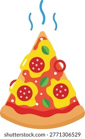 Flat Vector Illustration of a Hot Steamy Pizza Slice with Pepperoni and Basil