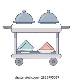 A flat vector illustration of a hotel room service trolley featuring two cloche covered plates on top and folded napkins on plates below