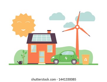 Flat vector illustration house with electric drive, recycle bin, tree, windmill and happy sun. 