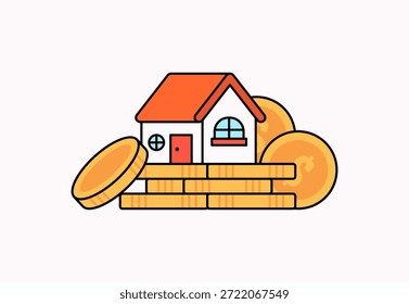 Ilustración vectorial plana de una casa sentada sobre pilas de monedas de oro. Representa la inversión inmobiliaria, los ahorros inmobiliarios, la financiación de viviendas, las hipotecas y los conceptos de crecimiento patrimonial a largo plazo Vector
