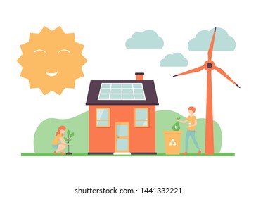 Flat vector illustration house with solar panels, happy woman plant a tree, man with eco cup, recycle bin, windmill and happy sun.