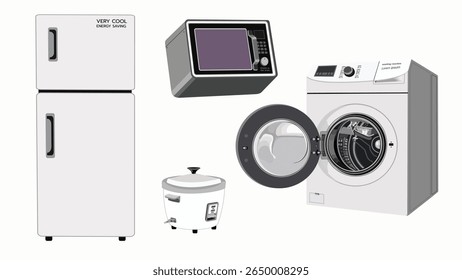 Flat vector illustration of household electrical appliances including refrigerator, microwave, rice cooker, and washing machine with open door. Clean and modern design