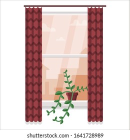 Flat vector illustration with houseplant on windowsill. Isolated image of window, cityscape view, red textile curtains with ornament print in cartoon style on white backdrop, concept of home plants