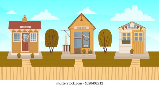 Flat Vector Illustration. Houses in suburb of big city. Cottage real estates. Cute little hauses. 