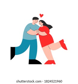 Flat vector illustration of hugging couple in love. Template design for sticker, card, poster, web banner or social media. Pair of man and woman cartoon characters isolated on white background. 