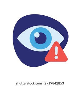 Flat vector illustration of a human eye with a red warning alert sign. Concept for privacy risk, surveillance, and cyber security alert.