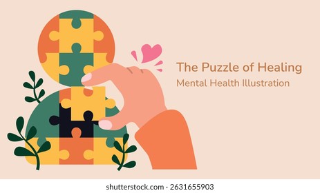 Ilustração vetorial plana de uma figura humana feita de peças de quebra-cabeças, simbolizando a cura da saúde mental e o crescimento emocional. Perfeito para terapia, aconselhamento ou conteúdo de bem-estar mental.