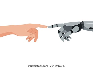 Flat vector illustration of a human hand and a robotic hand about to touch, index finger to index finger, symbolizing the connection between humanity and technology background. - Powered by Shutterstock - Get 15% off with code: PIKWIZARD15