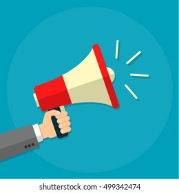 Flat vector illustration. Human hand holding megaphone. Business man holding megaphone for website and promotion banners.Social media marketing concept.