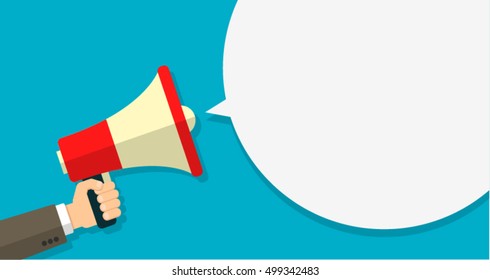 Flat vector illustration. Human hand holding megaphone. Business man holding megaphone for website and promotion banners.Social media marketing concept.