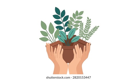 Flat vector illustration of human hands holding a cardboard box filled with various green leafy plants and branches, isolated on a white background, representing sustainability.