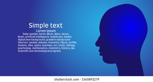 Flat vector illustration of a human head in profile. Blue gradient background. Outline human head.