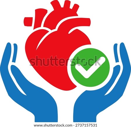 Flat vector illustration of human heart protected by hands with check mark symbol. Concept of heart care, cardiovascular health insurance, medical protection, wellness monitoring, and preventive healthcare.