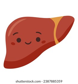 Ilustración vectorial plana. Hígado de órganos humanos con cara sonriente linda. Hígado sano