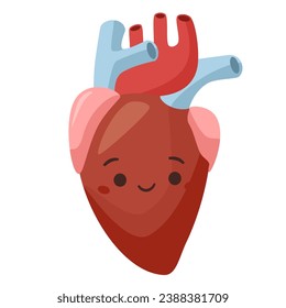Ilustración vectorial plana. Corazón de órgano humano con cara sonriente linda. Corazón saludable