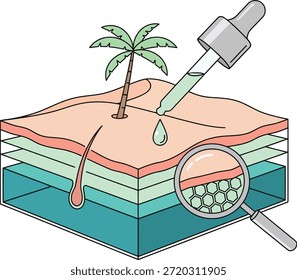Flat vector illustration of human skin cross section with layers, hair follicle, and serum application, ideal for dermatology, beauty care, hydration, and wellness marketing.
