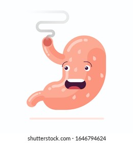 Flat vector Illustration of human stomach fire spitting cartoon character because of heartburn disease