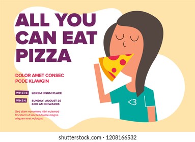 Flat Vector Illustration of hungry girl eating pizza. Pizza and girl. Pizza all you can eat Template