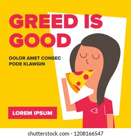 Flat Vector Illustration of hungry girl eating pizza. Pizza and girl. Pizza Design Template