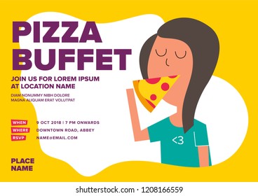 Flat Vector Illustration of hungry girl eating pizza. Pizza and girl. Pizza Design Buffet Poster Template