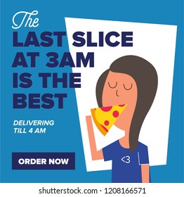 Flat Vector Illustration of hungry girl eating pizza. Pizza and girl. Pizza Design Template